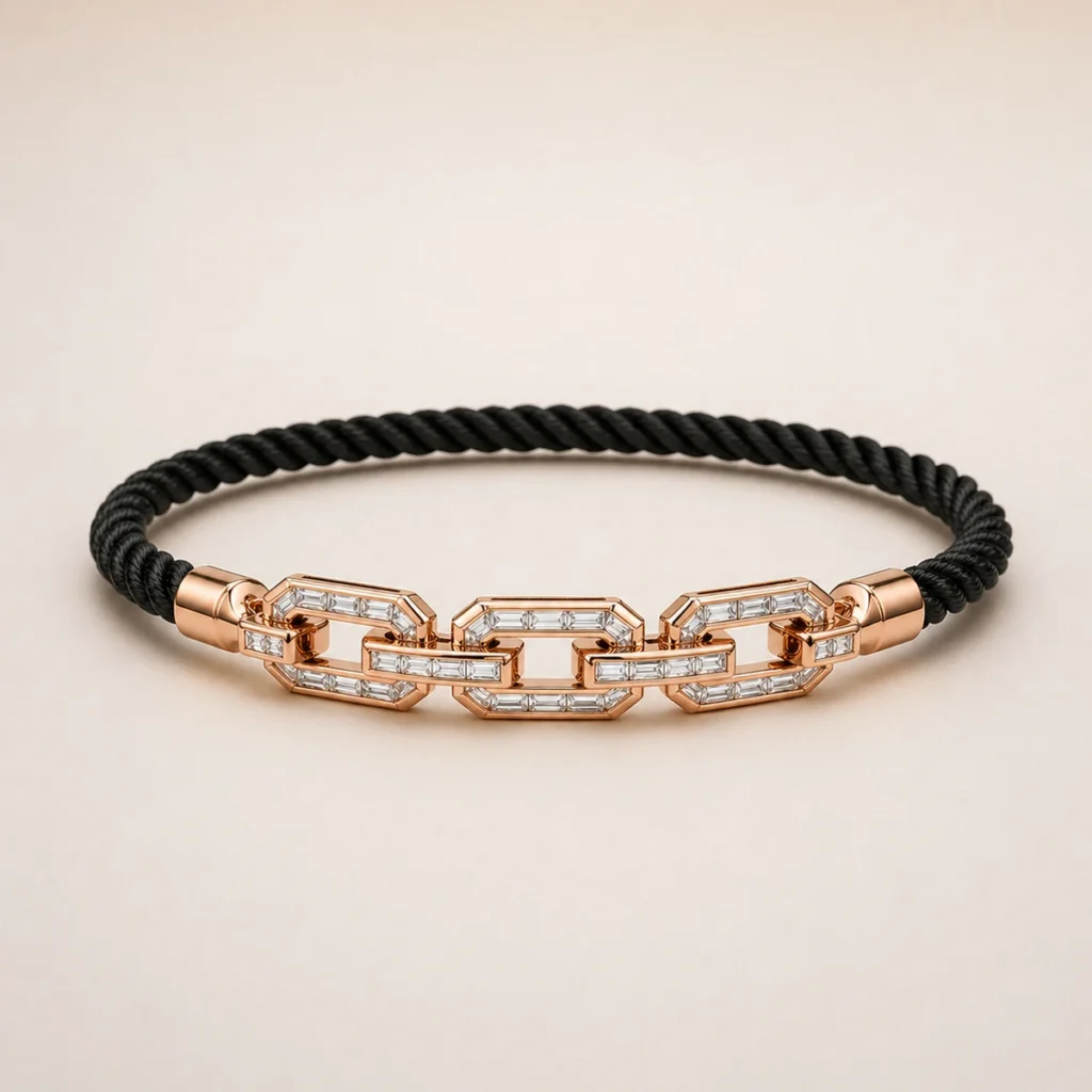 Bracelet cordon noir en or rose 18 carats avec diamants