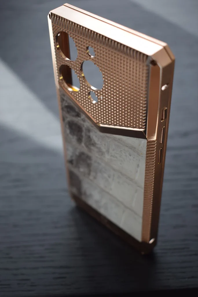 24K ROSE GOLD IPHONE 14 PRO CASE TITANIUM CROCODILE WHITE