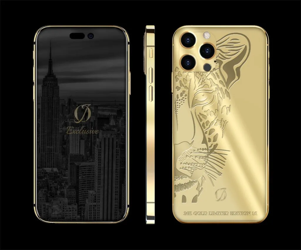 iphone 14 pro max en or 24 carats personnalisé léopard