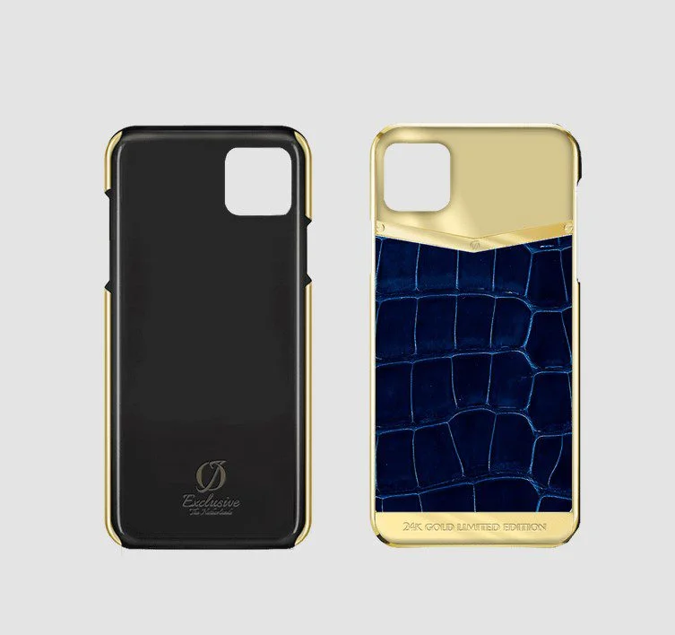 24k gold iphone case 14 pro max blue glossy crocodile