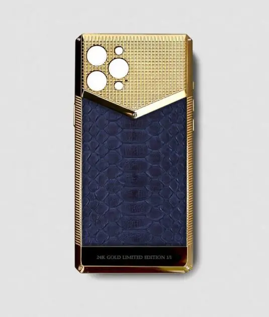 24k gold metal iphone case 14 pro max blue python