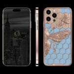 iPhone 14 Pro Max Butterfly in oro rosa 24k pelle blu