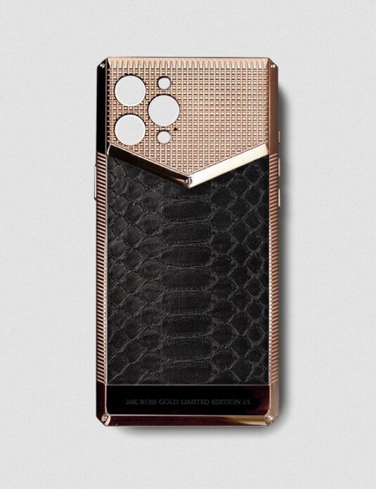 24k rose gold metal iphone case black python