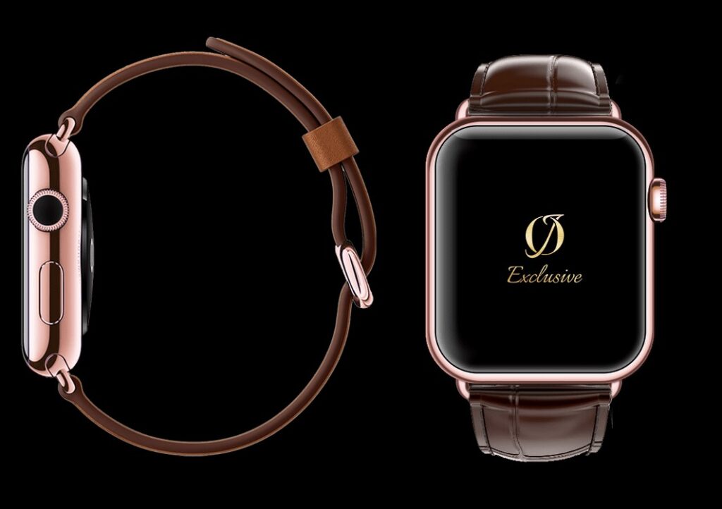 montre apple 8 plaquée or rose 24 carats avec bracelet crocodile marron 1