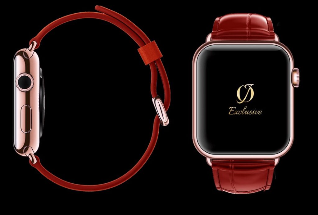 montre apple 8 plaquée or rose 24 carats avec bracelet crocodile rouge 1