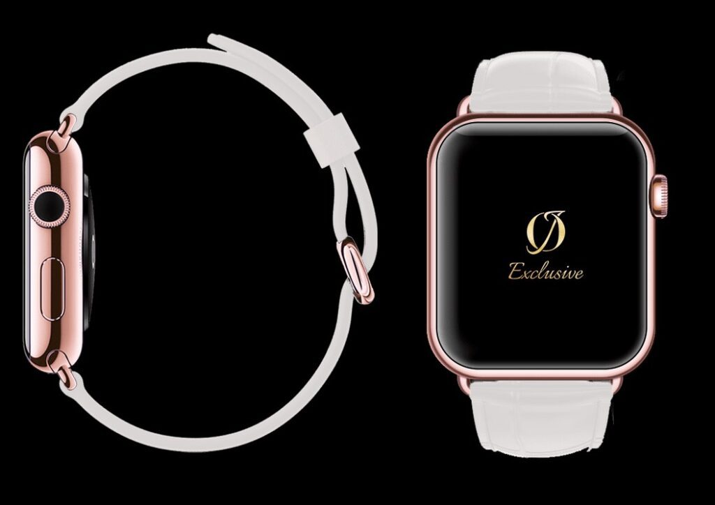 montre apple 8 plaquée or rose 24 carats avec bracelet crocodile blanc 1