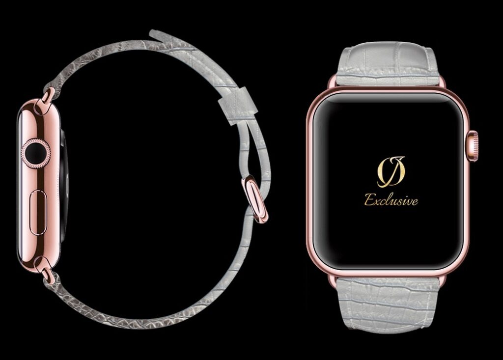 montre apple 8 plaquée or rose 24 carats avec bracelet crocodile blanc 1
