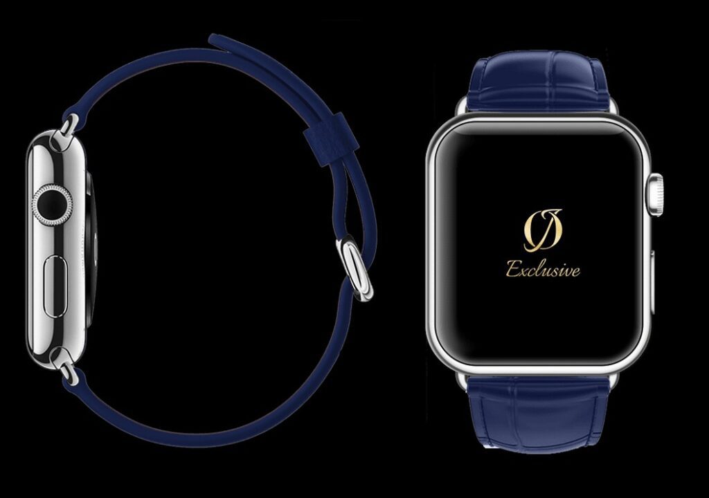 montre apple 8 plaquée or blanc 24 carats avec bracelet crocodile bleu 1