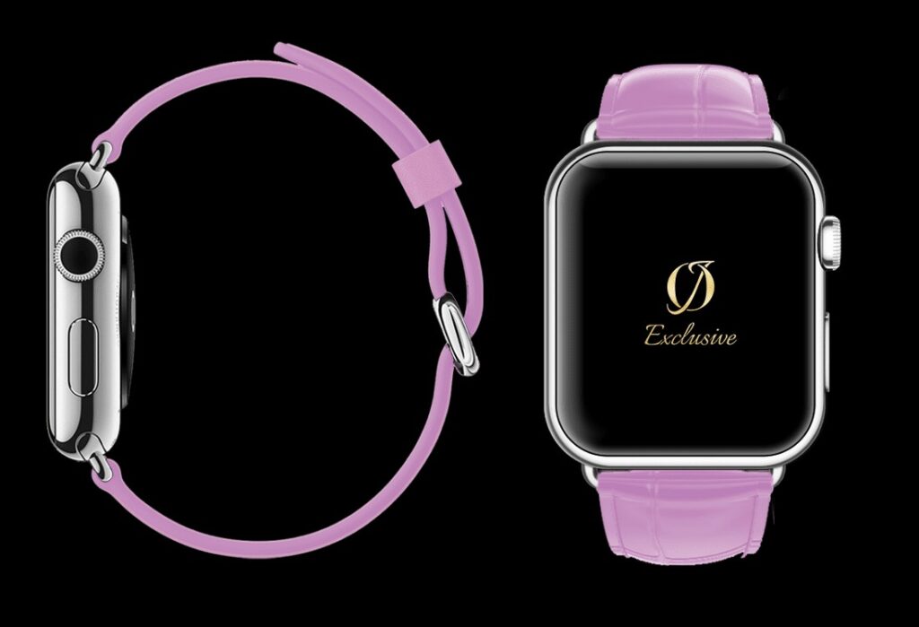 Montre Apple 8 plaquée or blanc 24k avec bracelet crocodile rose 1