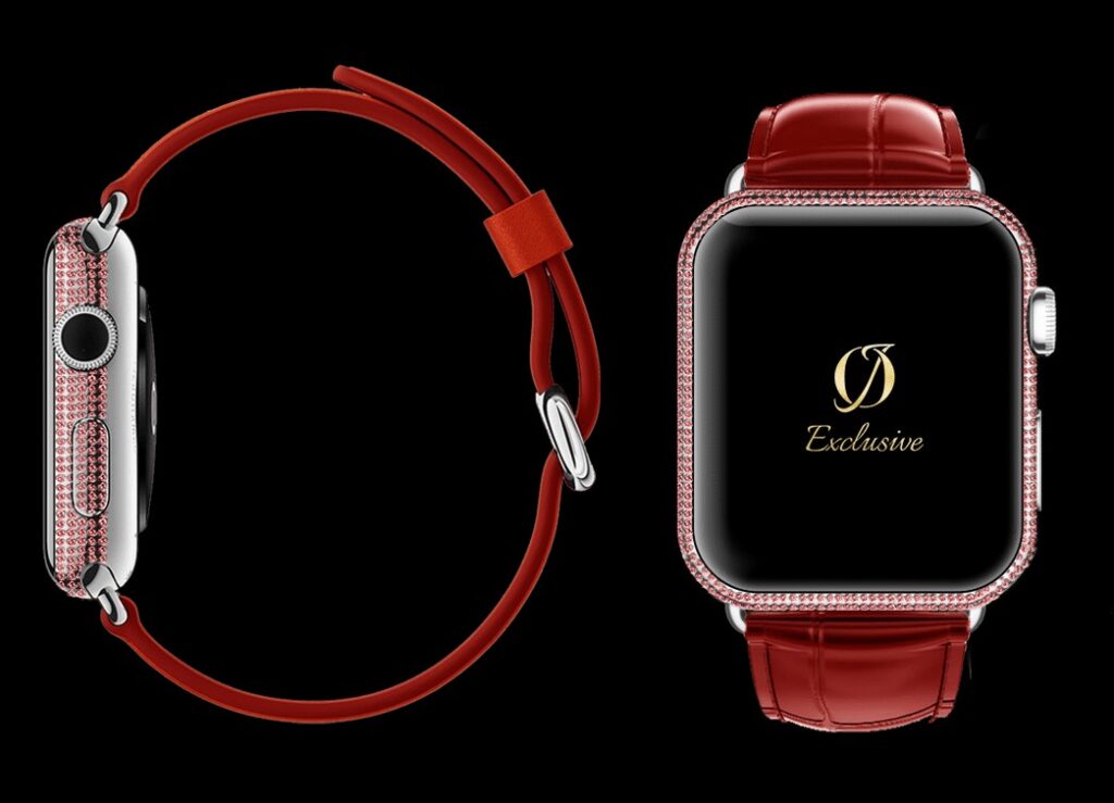 Montre Apple 8 plaquée or blanc 24k avec bracelet crocodile rouge diamants 1