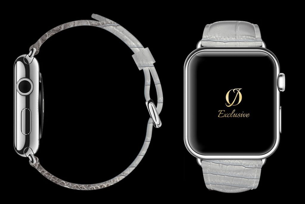 montre apple 8 plaquée or blanc 24 carats avec bracelet crocodile himalayen blanc 1