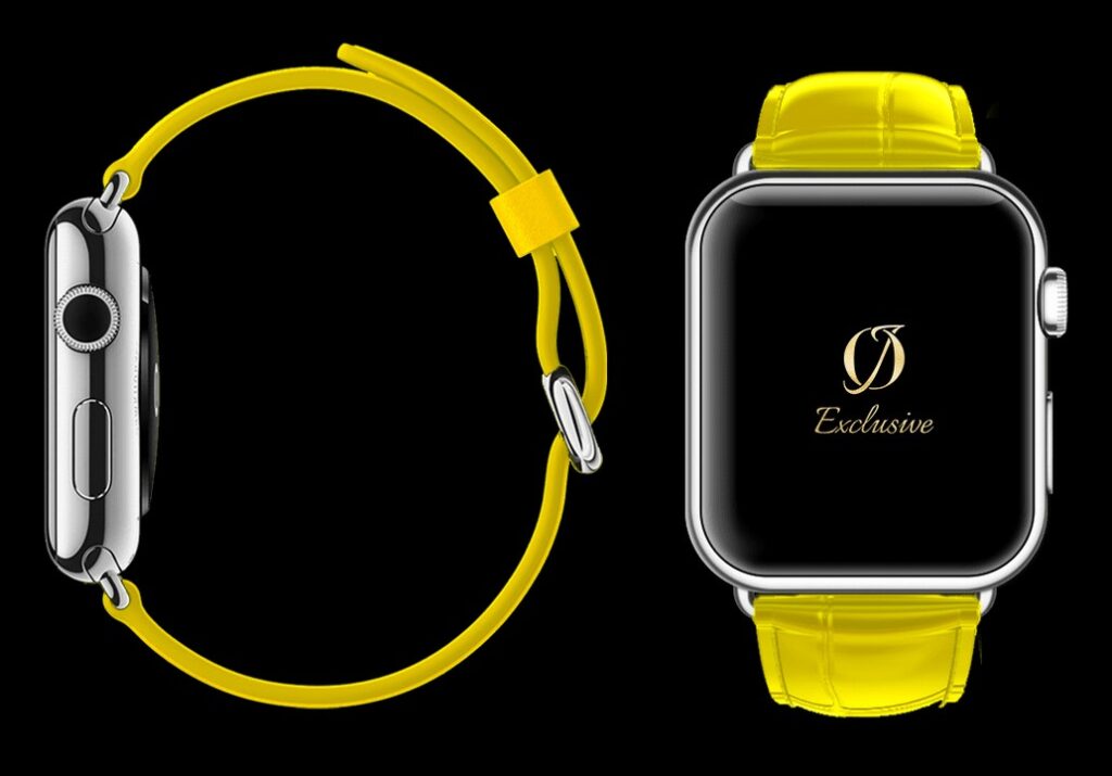 montre apple 8 plaquée or blanc 24 carats avec bracelet crocodile jaune 1