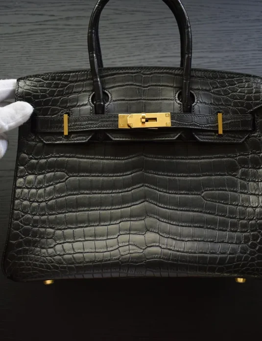 Bolso Birkin de cocodrilo negro con herrajes dorados, sostenido por manos enguantadas que muestran la textura del cuero exótico