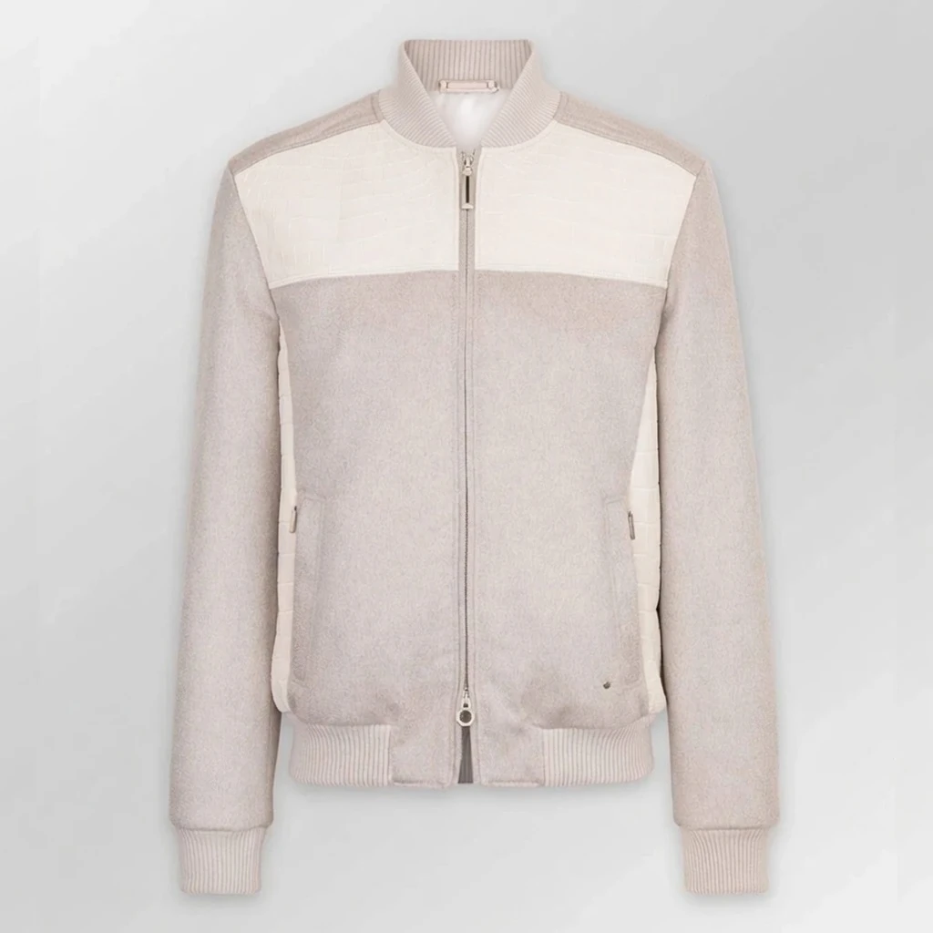 Beige Cashmere Nubuck Crocodile Bomber Jacket
