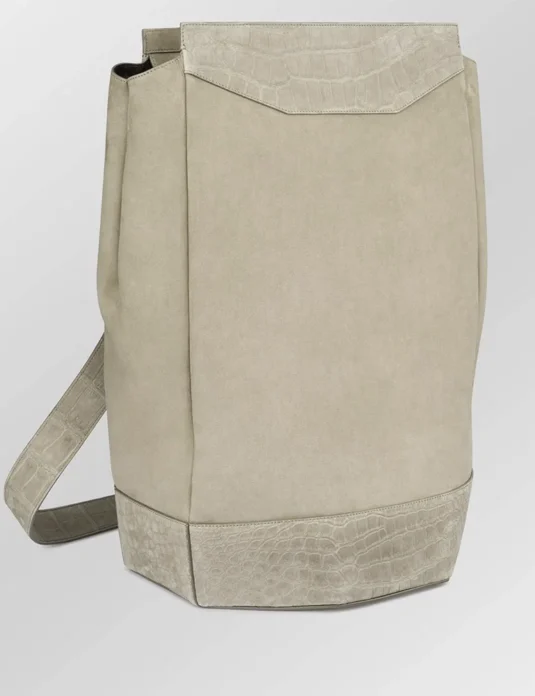 Beige crocodile leather backpack with nubuck suede construction and adjustable shoulder strap