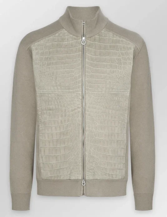 Chaleco beige con cremallera, estampado de cocodrilo, panel frontal de piel de cocodrilo nobuk y mangas de punto de seda