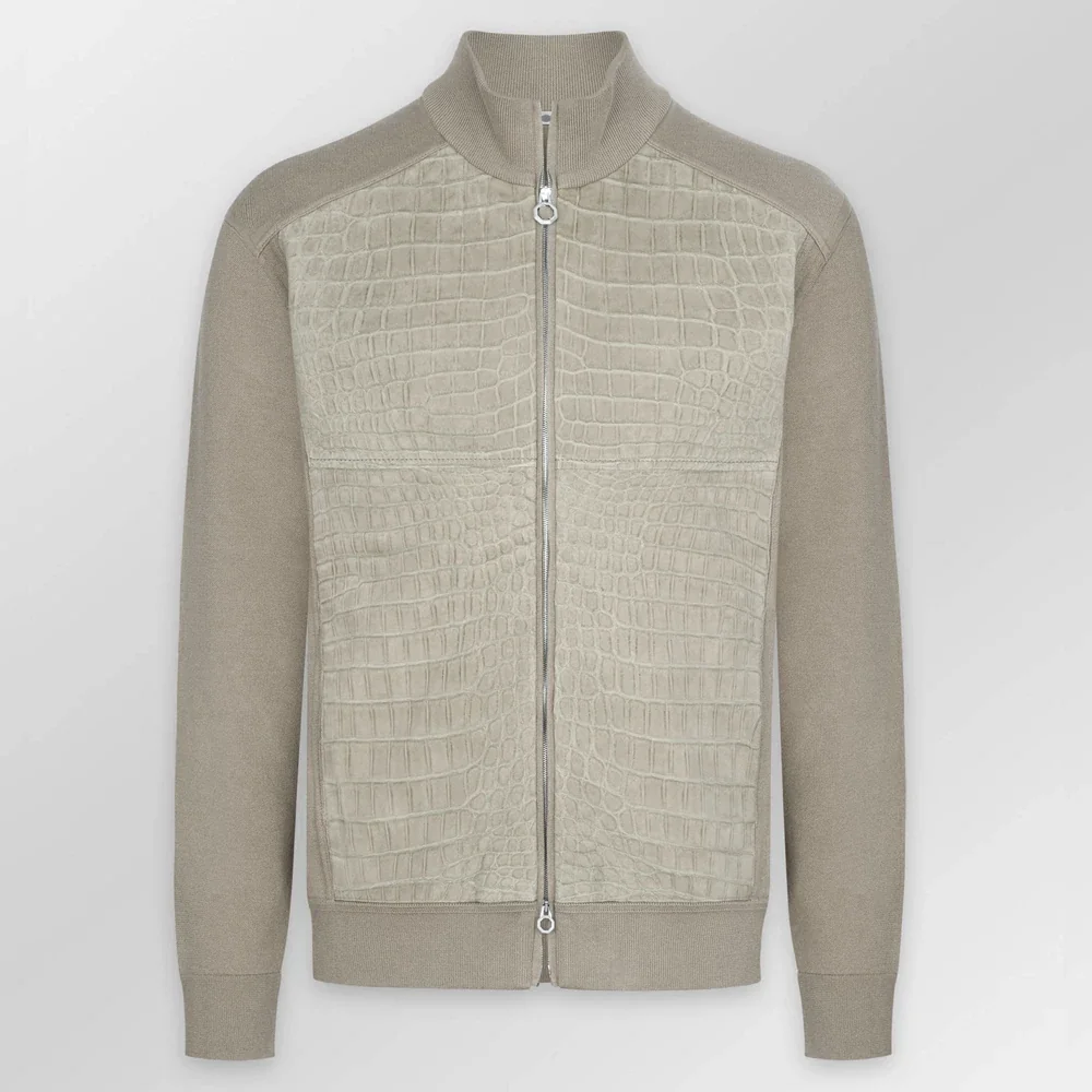 米色磨砂皮鳄鱼纹丝绸拉链背心