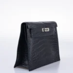 Black alligator handbag Kelly Danse with silver hardware and structured geometric design