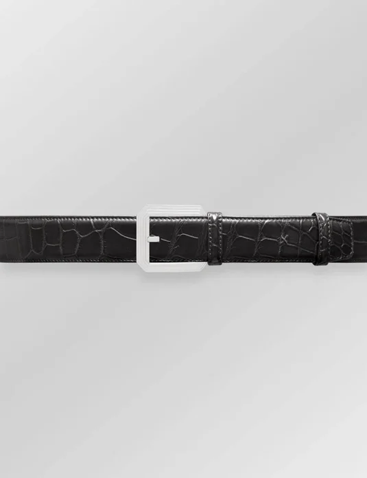 Black alligator leather belt with transparent buckle showing distinctive scale pattern