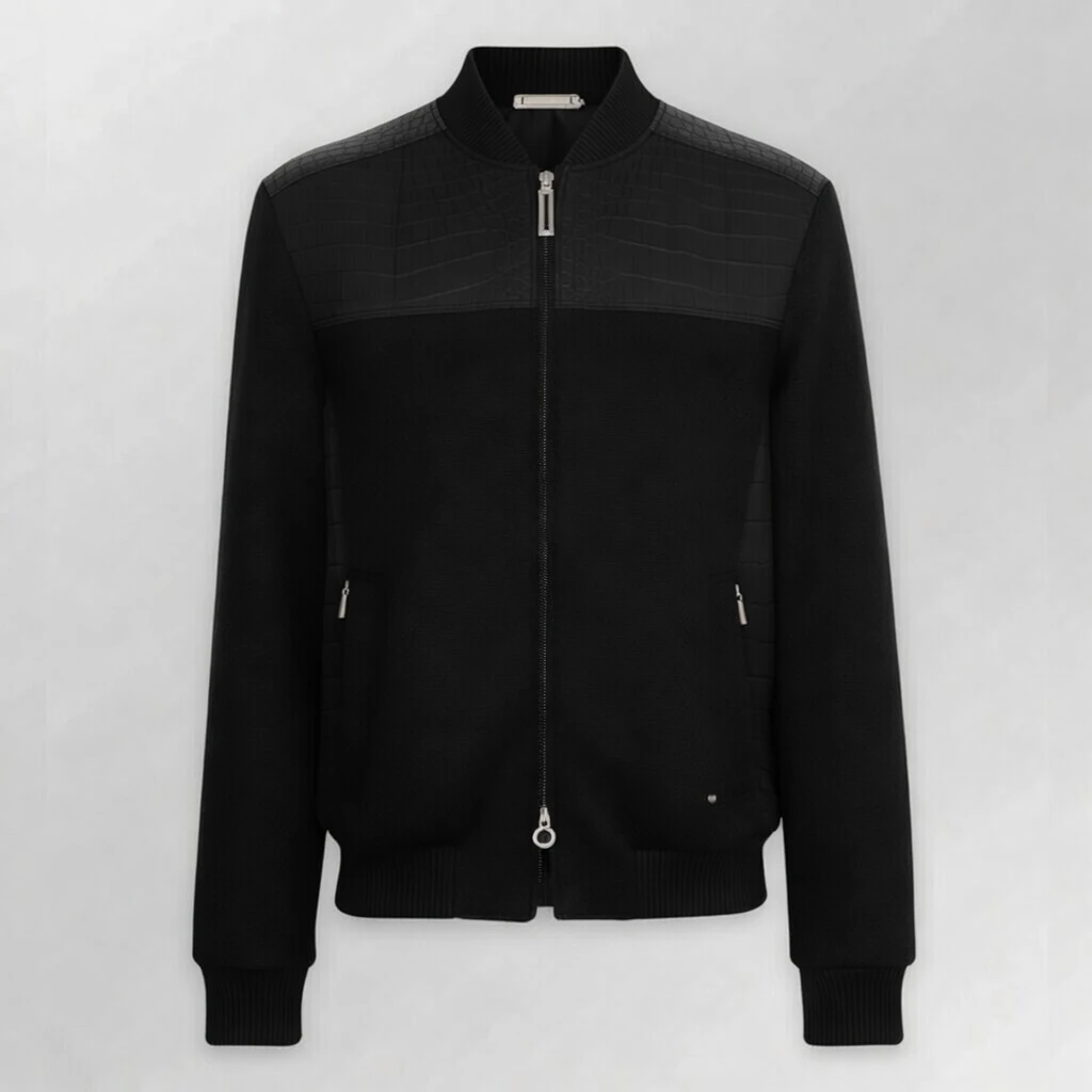 Black Cashmere Nubuck Crocodile Bomber Jacket