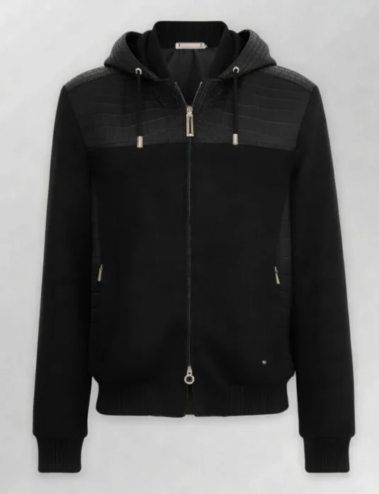 Black crocodile leather hoodie jacket with nubuck finish and cashmere body on white background