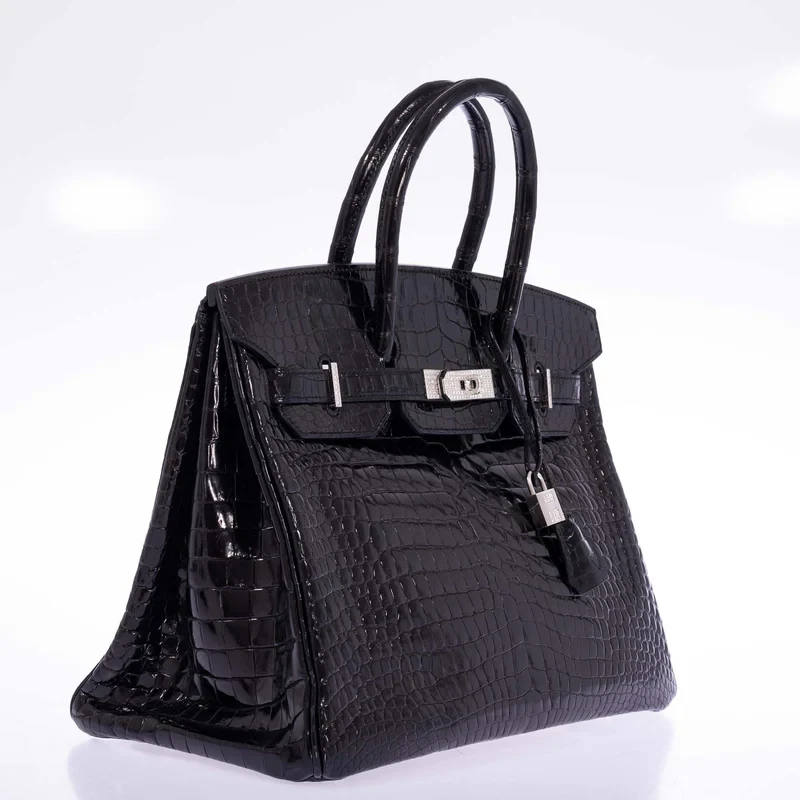 Black Crocodile Handbag 35cm Birkin diamond hardware side