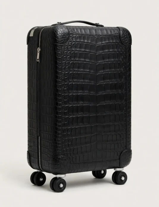 Black crocodile leather suitcase with four wheels and structured design showing detailed scale texture