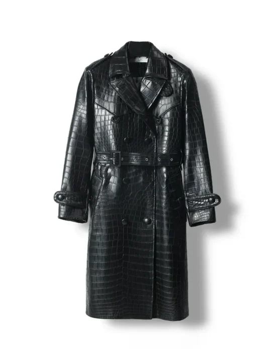 Black crocodile leather jacket with double-breasted design and scaled texture