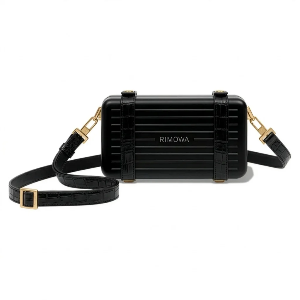 Schwarze Rimowa Crossbody-Tasche, schwarzes Krokodilleder, Gold