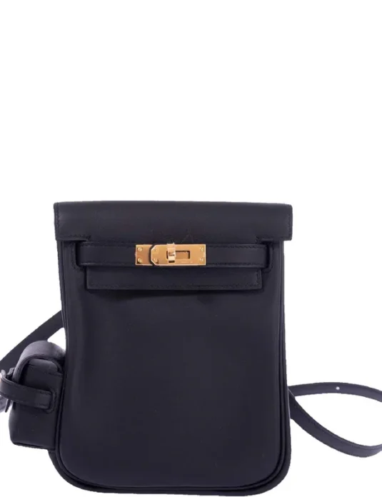 Black leather backpack with gold turn-lock closure and adjustable straps shown from front and side angles