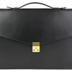 Borsa da lavoro in pelle nera con chiusura e manico superiori placcati in oro, vista frontale