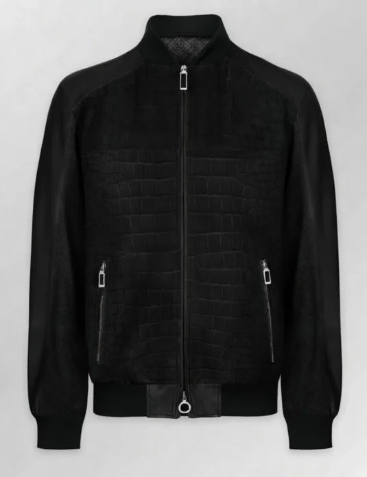 Black crocodile leather jacket with nubuck texture panels and silver zippers displayed on neutral background