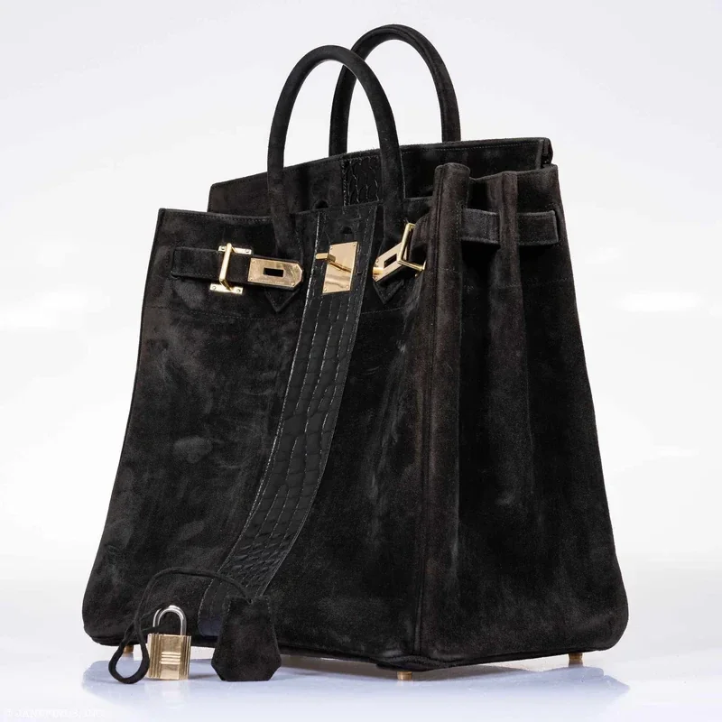 Black Suede and crocodile Handbag Birkin HAC 40cm side