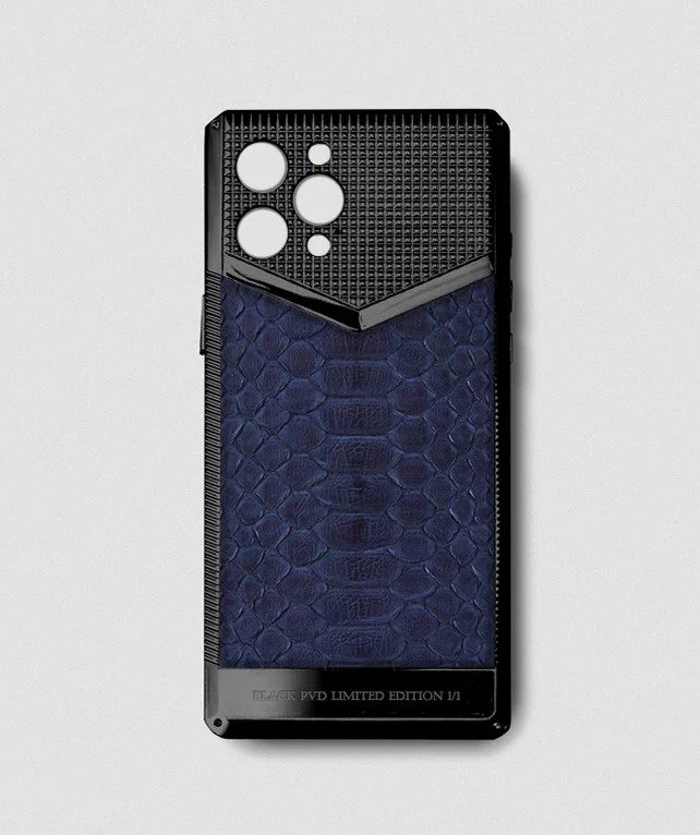 Black metal iphone case 14 pro max blue python