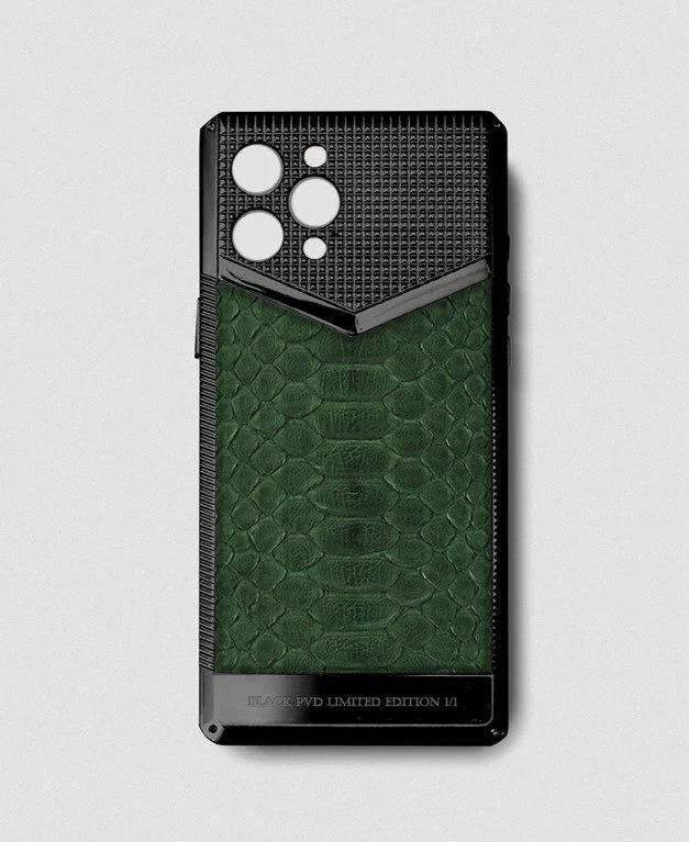 Black metal iphone case 14 pro max green python