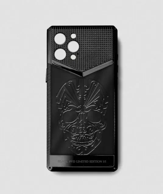 Black metal iphone case 14 pro max skull engraving 1