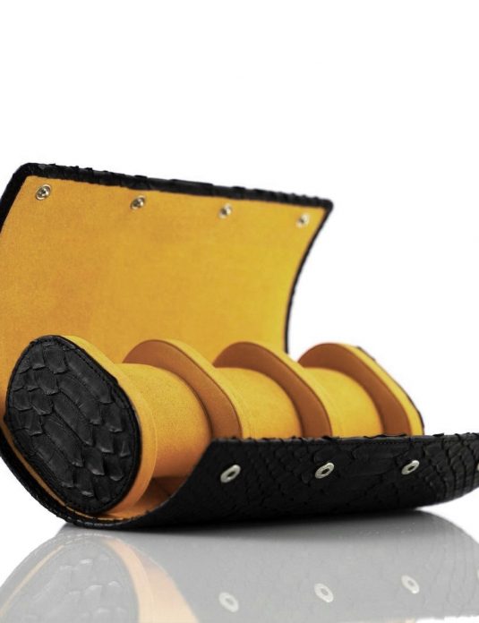 Black python watch roll yellow suede interior