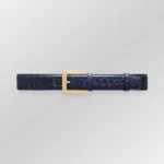 Blue alligator leather belt with gold rectangular buckle showing distinctive scale texture and hand-stitched edges