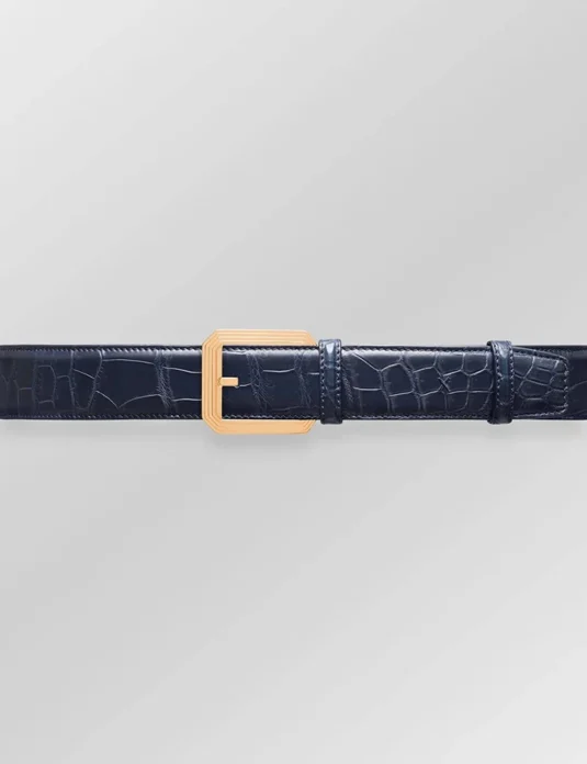 Blue alligator leather belt with gold rectangular buckle showing distinctive scale texture and hand-stitched edges