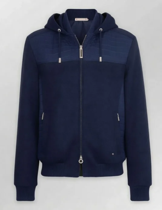 Blue crocodile cashmere jacket hoodie with nubuck leather texture and silver hardware displayed on neutral background