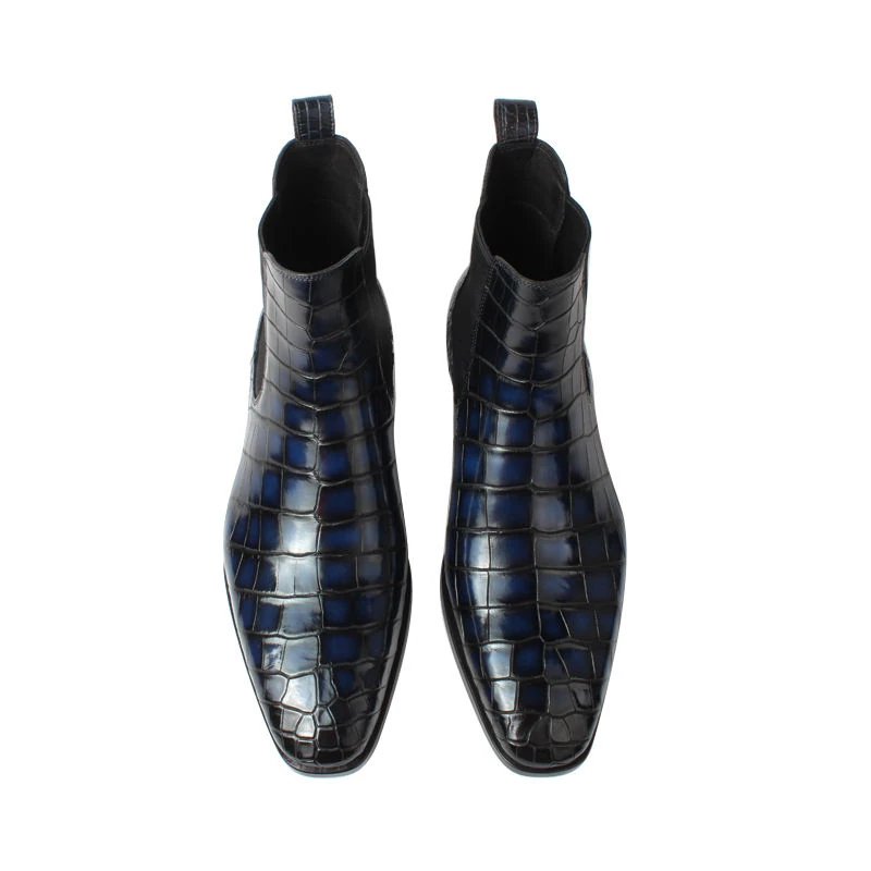 Botas Chelsea azules de piel de cocodrilo para hombre, talla 4