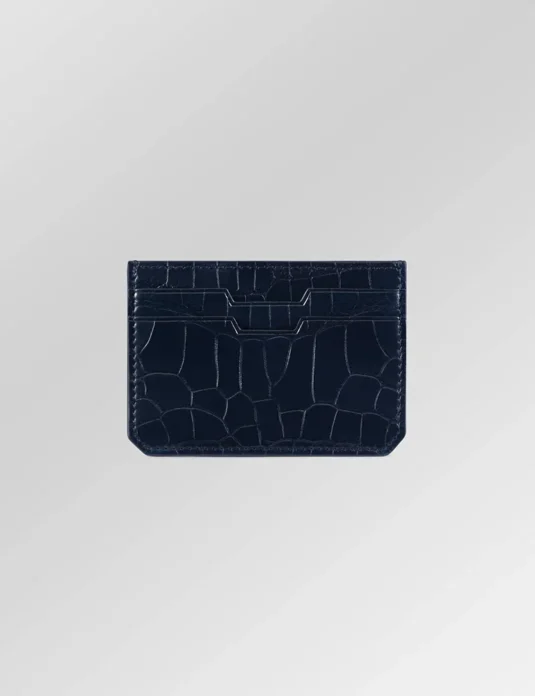 Blue crocodile leather card holder with natural scale texture and multiple card slots
