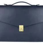 Valigetta in pelle blu con lucchetto placcato oro e chiusura a patta, vista frontale