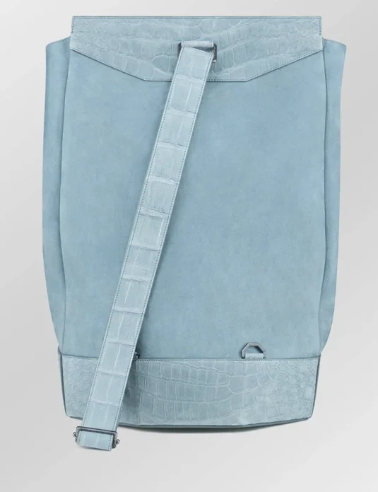 Blue nubuck crocodile backpack with powder blue leather body and crocodile trim accents