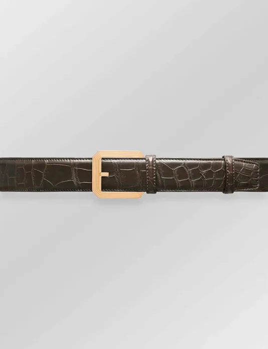 Brown alligator leather belt with gold rectangular buckle showing detailed scale texture and hand-stitched edges