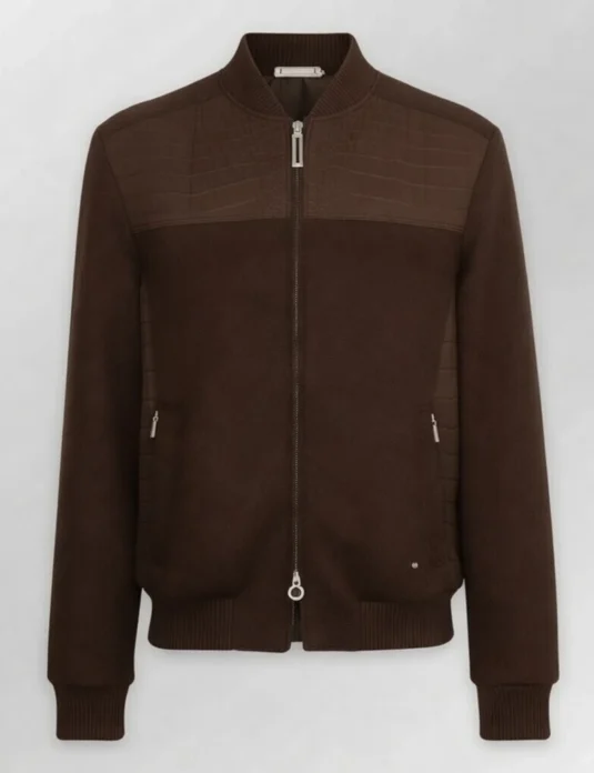 Brown crocodile bomber jacket with ribbed collar and metallic zipper closure on neutral background
