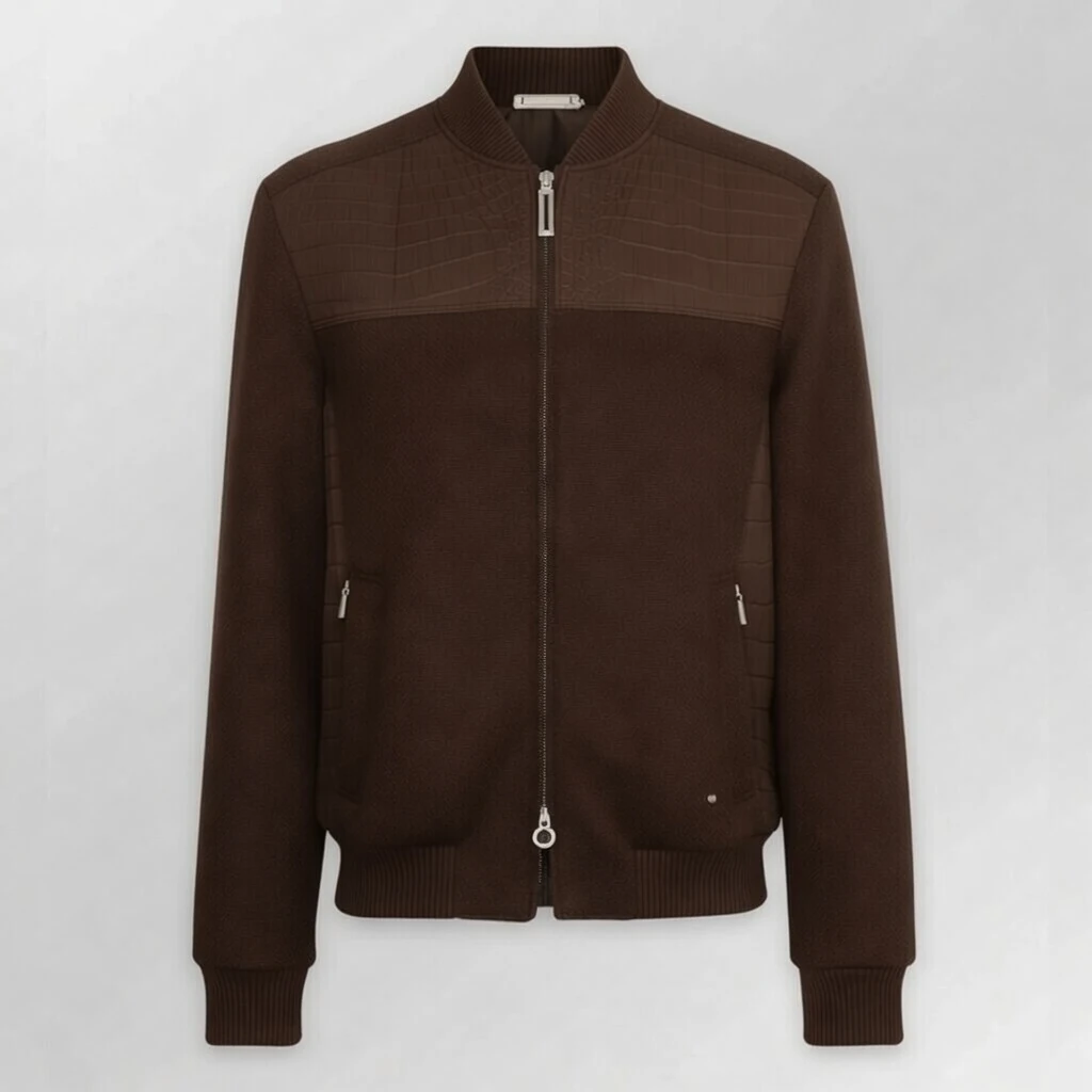 Brown Cashmere Nubuck Crocodile Bomber Jacket