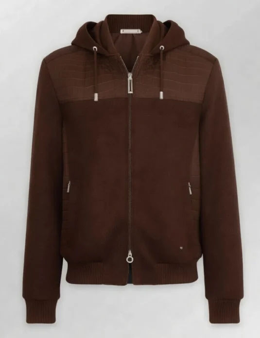 Brown crocodile leather jacket hoodie with quilted chest panel and full zip front