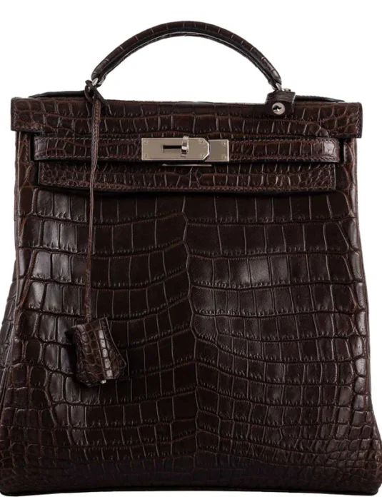 Brown crocodile backpack Kelly Ado with structured design and turn-lock closure