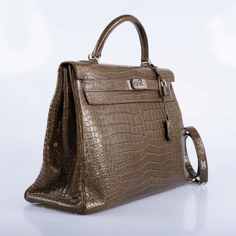 棕色鳄鱼皮铂金包，40厘米侧边